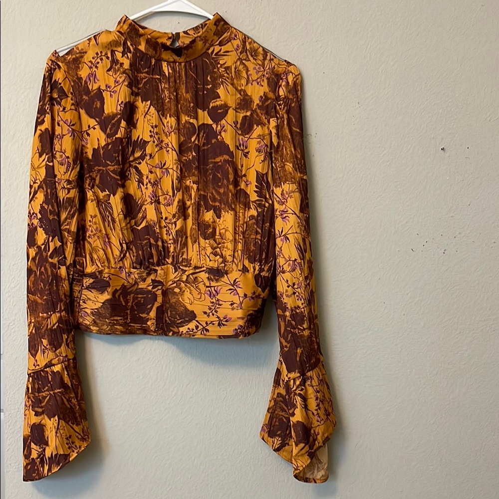 Floral Print Long Sleeve Top - Yellow and Brown